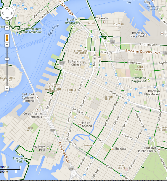 Brooklyn bike paths in Google Maps