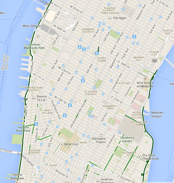Manhattan bike paths in Google Maps
